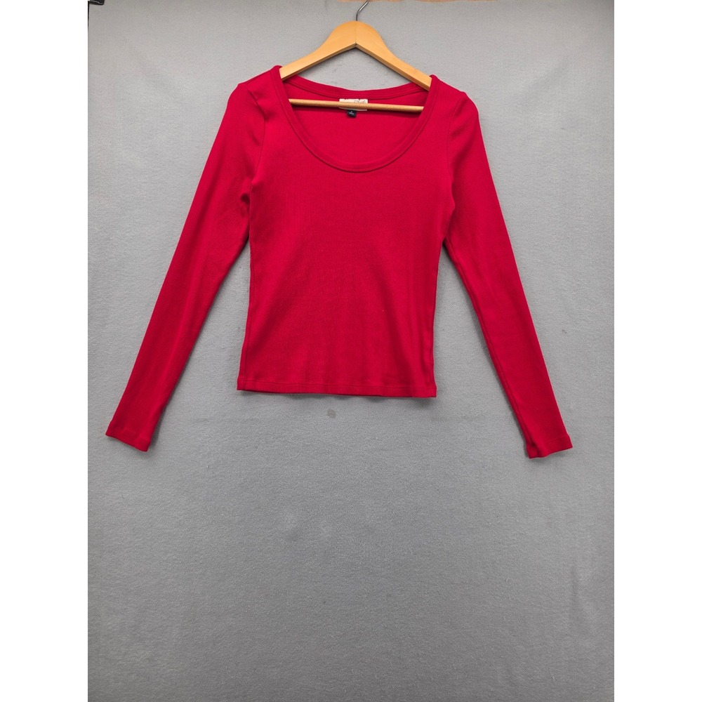 Universal Thread Red Ribbed Long Sleeve Scoop Neck Top Cotton Blend Size Medium